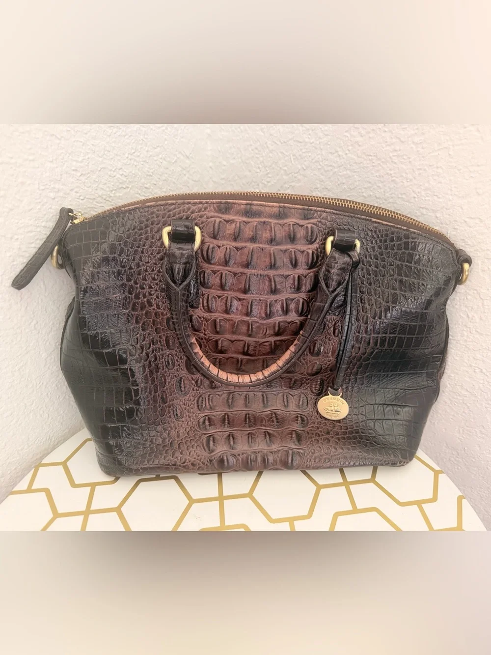 Brahmin Brown Duxbury Croc-Embossed Satchel with Gold Hardware